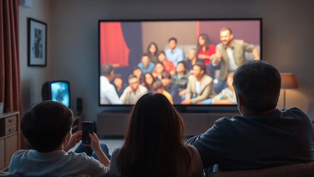 Une famille regarde un film ensemble.