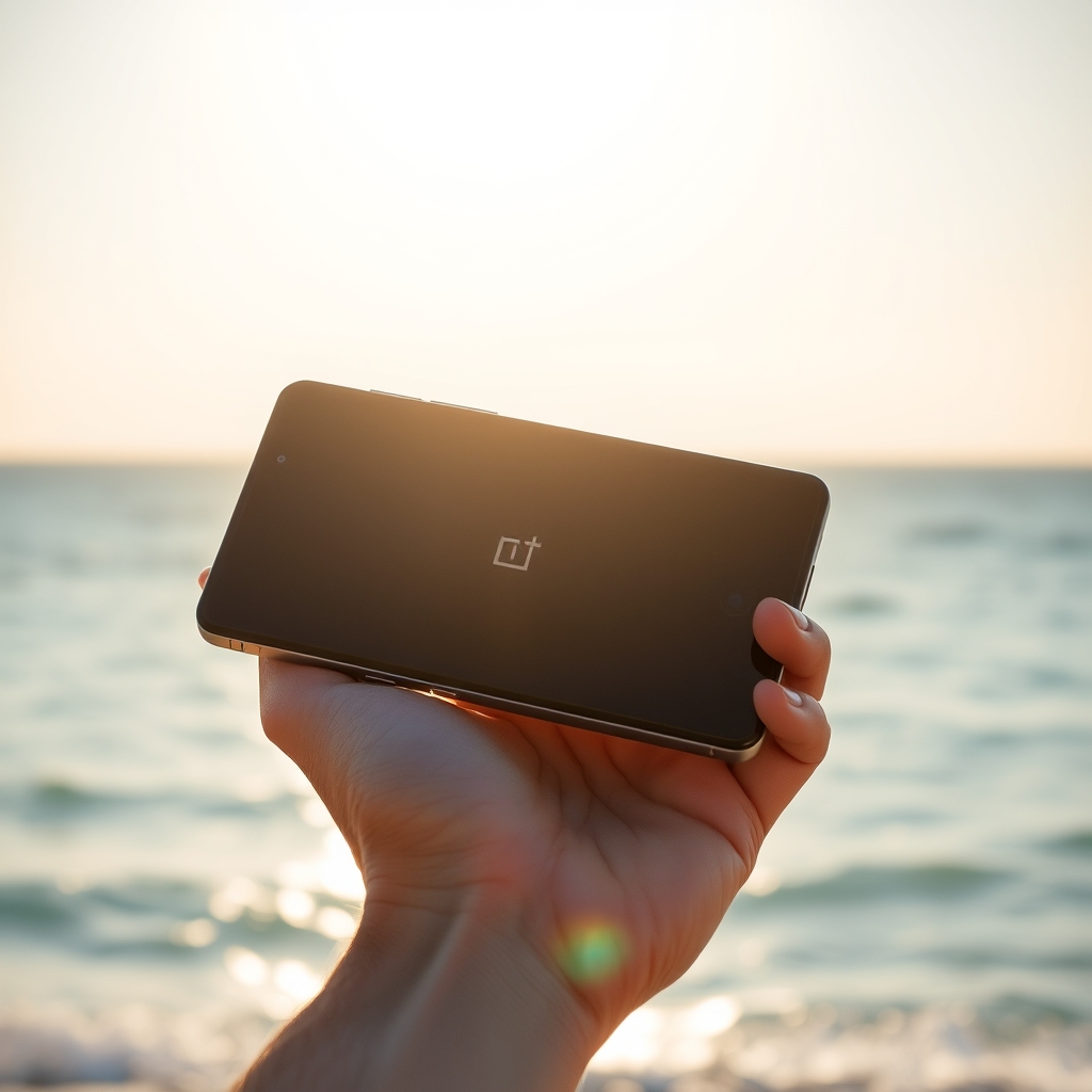 Movil OnePlus en la mano con la costa de Canarias al fondo