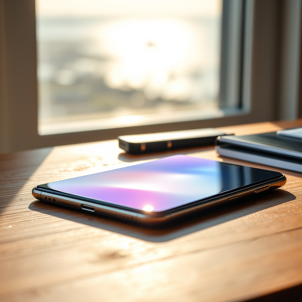 Movil Realme sobre un escritorio con la costa de Canarias al fondo